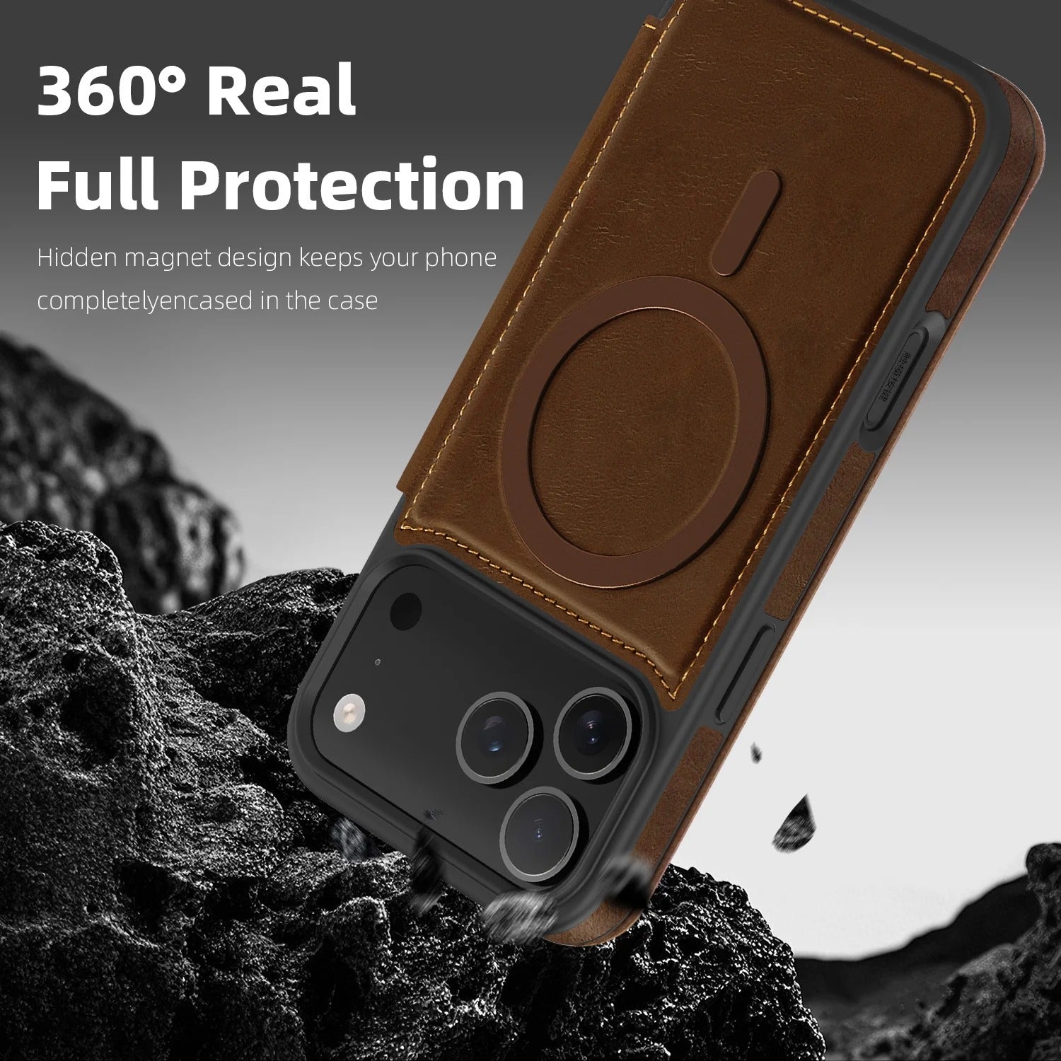 Luxury iPhone Case — Magnetic RFID-Blocking Flip Leather Wallet Cover with Kickstand, Card Storage, Shockproof Dual-Layer Protection and Wireless-Charging Compatibility