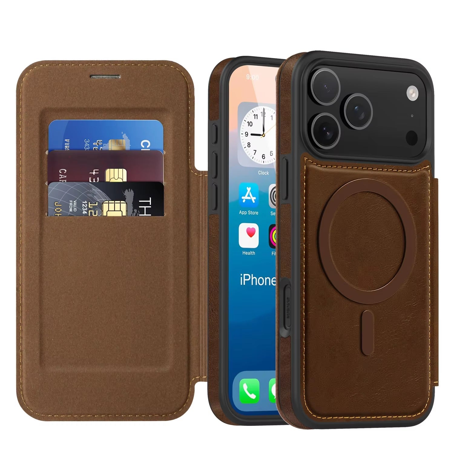 Luxury iPhone Case — Magnetic RFID-Blocking Flip Leather Wallet Cover with Kickstand, Card Storage, Shockproof Dual-Layer Protection and Wireless-Charging Compatibility