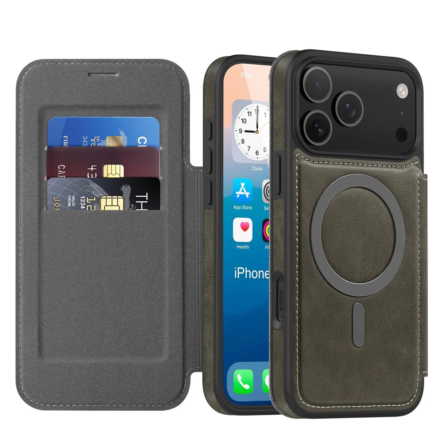 Luxury iPhone Case — Magnetic RFID-Blocking Flip Leather Wallet Cover with Kickstand, Card Storage, Shockproof Dual-Layer Protection and Wireless-Charging Compatibility