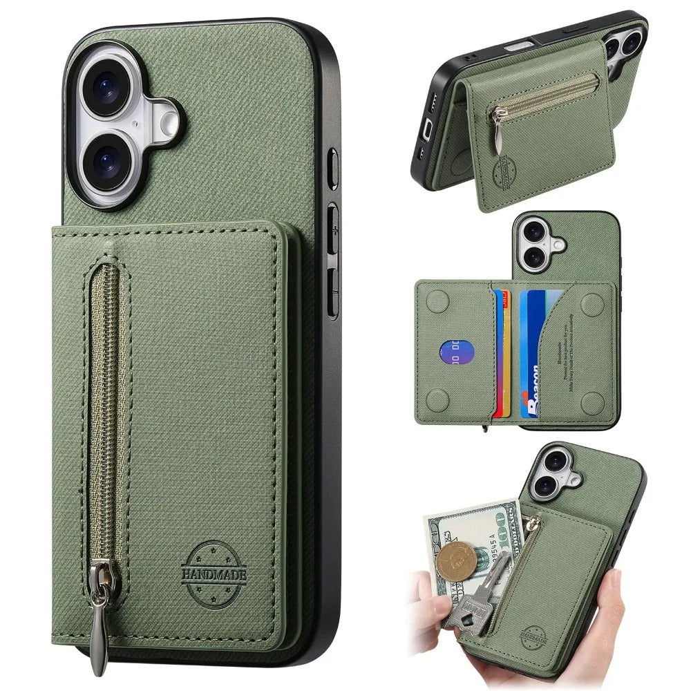 Luxury iPhone Case — Magnetic RFID-Blocking PU Leather Wallet Cover with Zipper Card Holder, Shockproof Anti-Fingerprint Dustproof Design