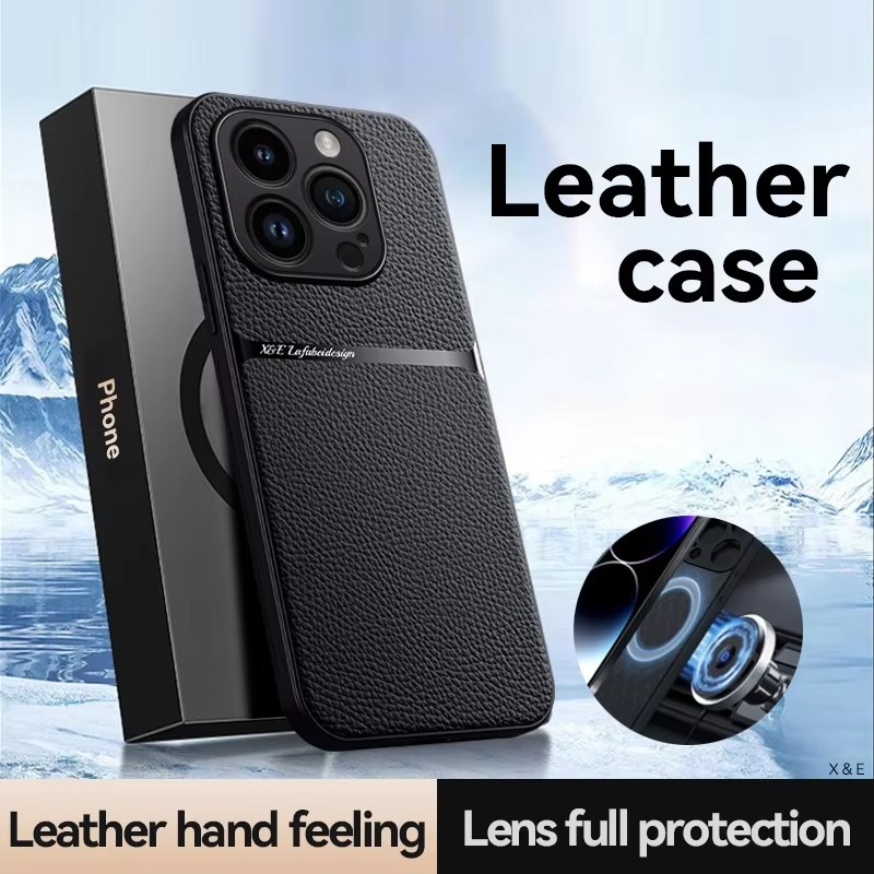 Luxury iPhone Case — Magnetic Soft Leather Back Cover with Car-Mount Holder Support, Shockproof Anti-Fingerprint Design & Slim Half-Wrapped Style