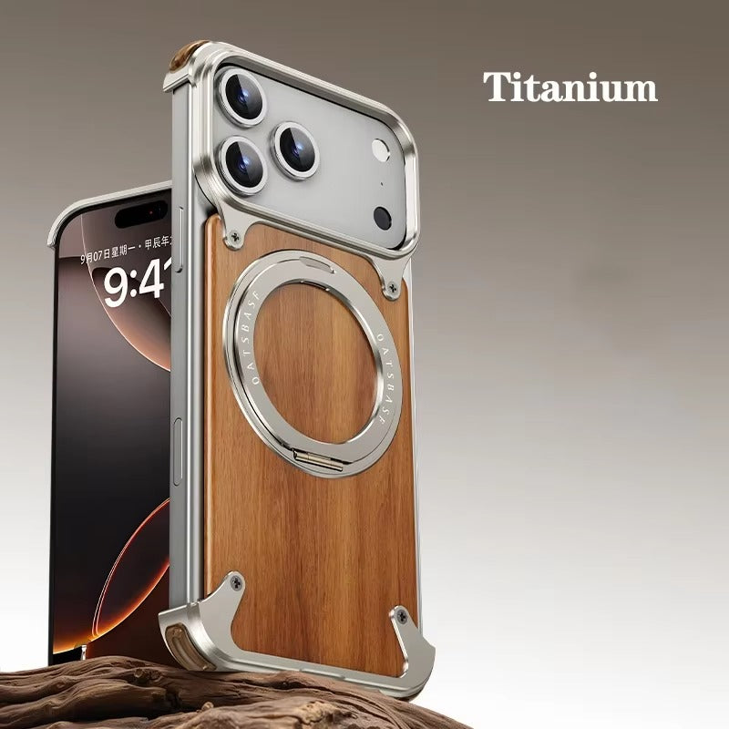 Luxury iPhone Case — Magnetic Solid Wood Cover with 360° Rotating Ring Stand, Aluminum Frame, Shock-Absorbing Lightweight Non-Slip Design