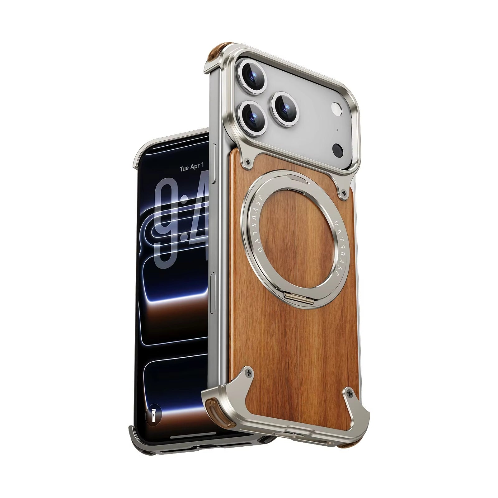 Luxury iPhone Case — Magnetic Solid Wood Cover with 360° Rotating Ring Stand, Aluminum Frame, Shock-Absorbing Lightweight Non-Slip Design