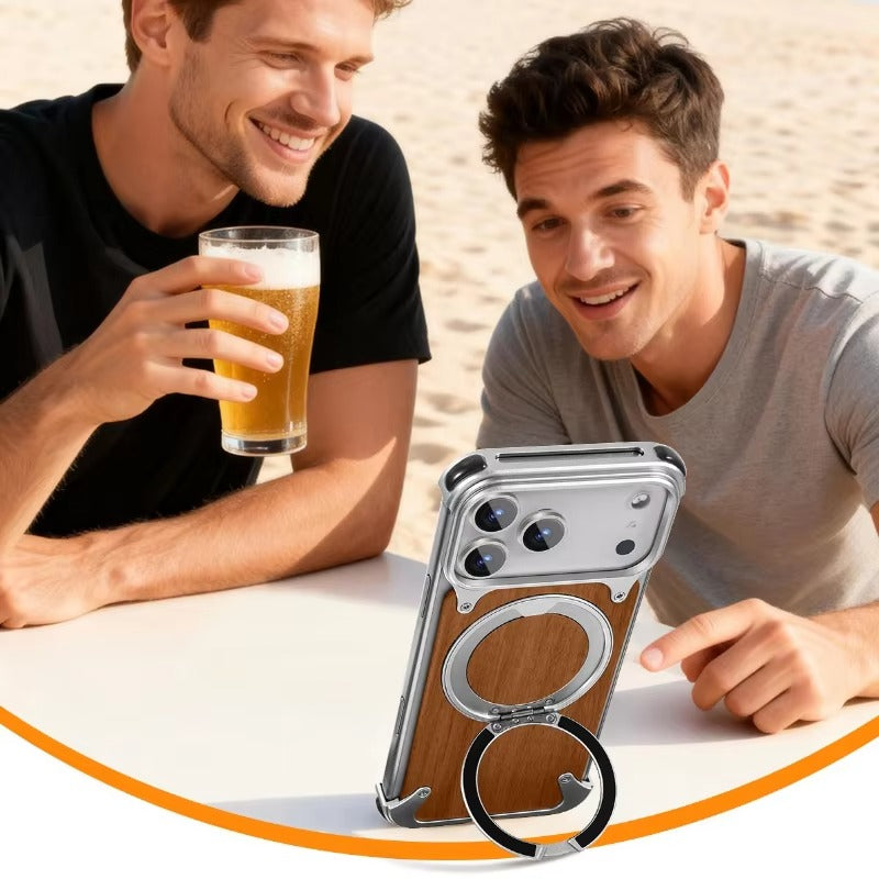 Luxury iPhone Case — Magnetic Solid Wood Cover with 360° Rotating Ring Stand, Aluminum Frame, Shock-Absorbing Lightweight Non-Slip Design