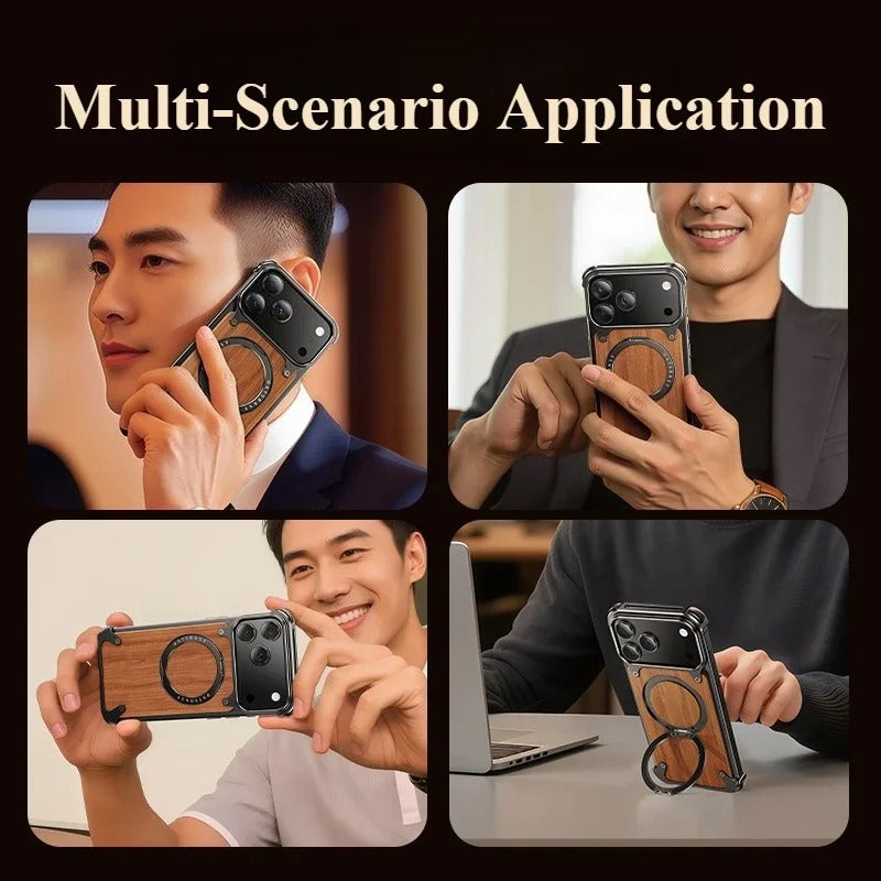 Luxury iPhone Case — Magnetic Solid Wood Cover with 360° Rotating Ring Stand, Aluminum Frame, Shock-Absorbing Lightweight Non-Slip Design