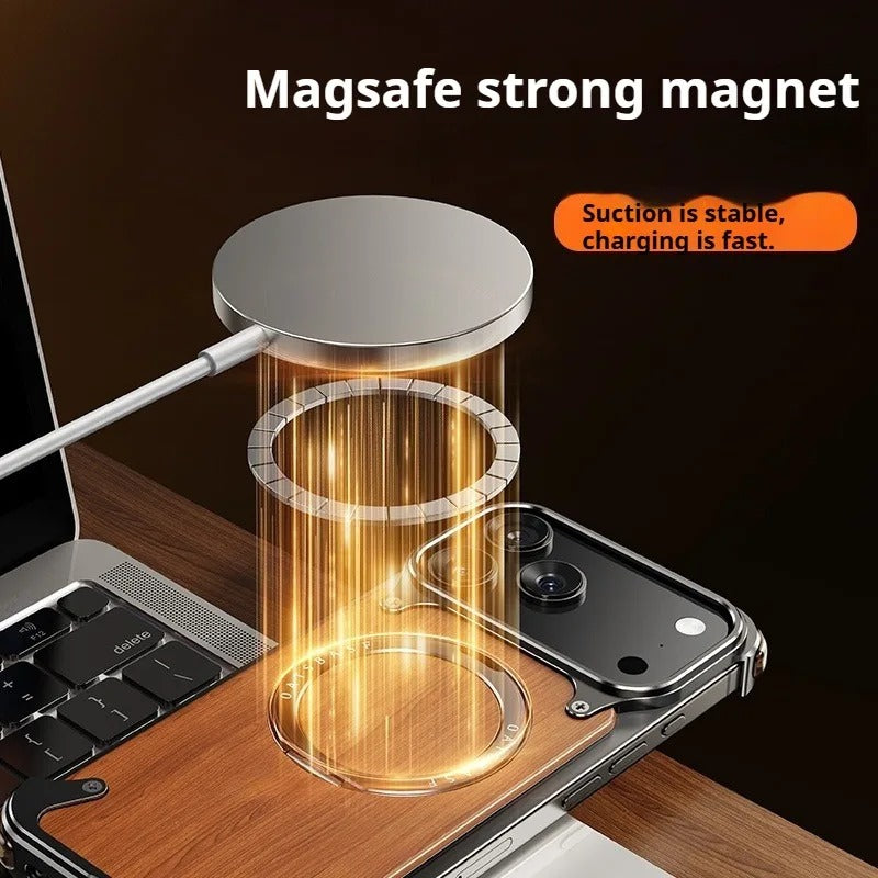 Luxury iPhone Case — Magnetic Solid Wood Cover with 360° Rotating Ring Stand, Aluminum Frame, Shock-Absorbing Lightweight Non-Slip Design