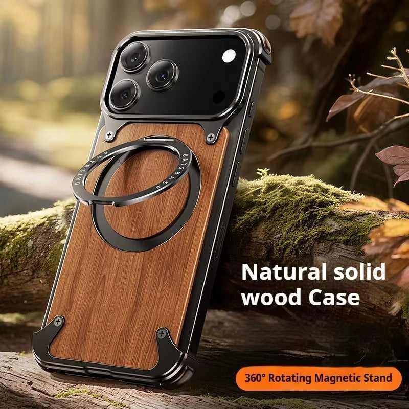 Luxury iPhone Case — Magnetic Solid Wood Cover with 360° Rotating Ring Stand, Aluminum Frame, Shock-Absorbing Lightweight Non-Slip Design
