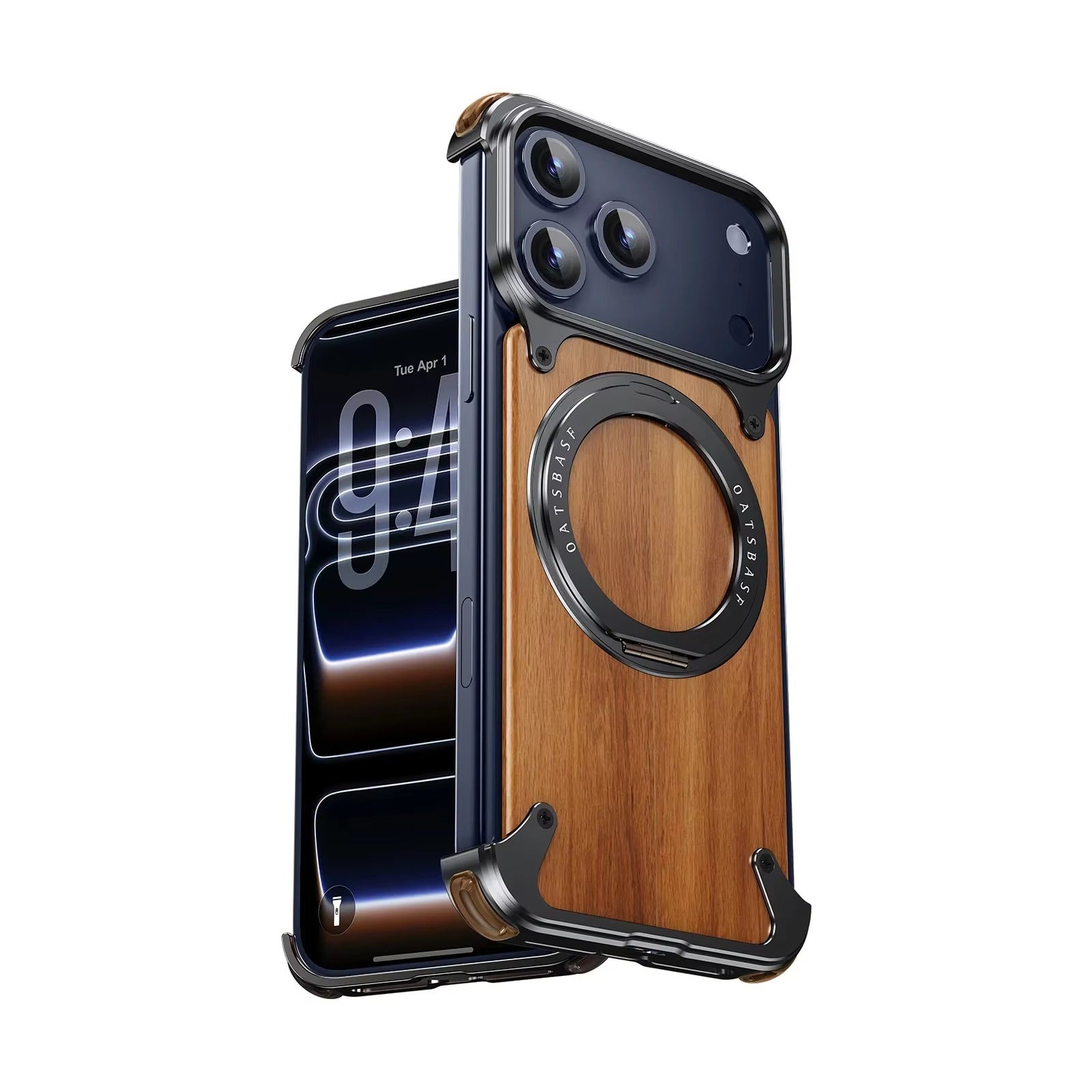 Luxury iPhone Case — Magnetic Solid Wood Cover with 360° Rotating Ring Stand, Aluminum Frame, Shock-Absorbing Lightweight Non-Slip Design