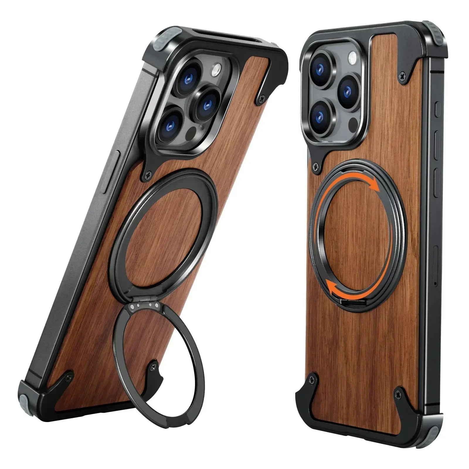 Luxury iPhone Case — Magnetic Solid Wood Cover with 360° Rotating Ring Stand, Aluminum Frame, Shock-Absorbing Lightweight Non-Slip Design