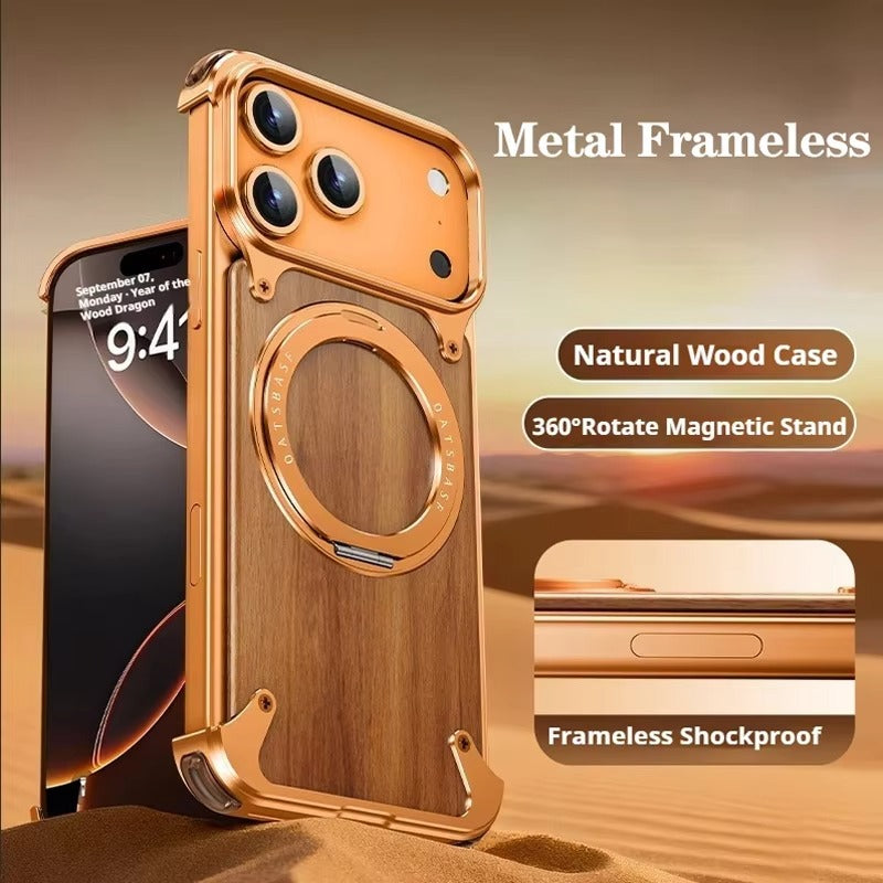 Luxury iPhone Case — Magnetic Solid Wood Cover with 360° Rotating Ring Stand, Aluminum Frame, Shock-Absorbing Lightweight Non-Slip Design