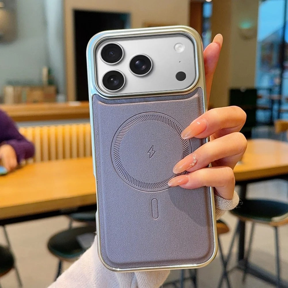 Luxury iPhone Case — Magnetic, Shockproof Leather Cover with Plating Frame, Original Business Design and MagSafe Wireless Charging Support