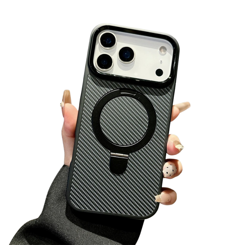 Luxury iPhone Case — Magnetic, Shockproof Matte Carbon Fiber Armor Cover with Built-In Bracket Stand and MagSafe Holder Support