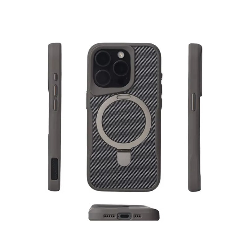 Luxury iPhone Case — Magnetic, Shockproof Matte Carbon Fiber Armor Cover with Built-In Bracket Stand and MagSafe Holder Support