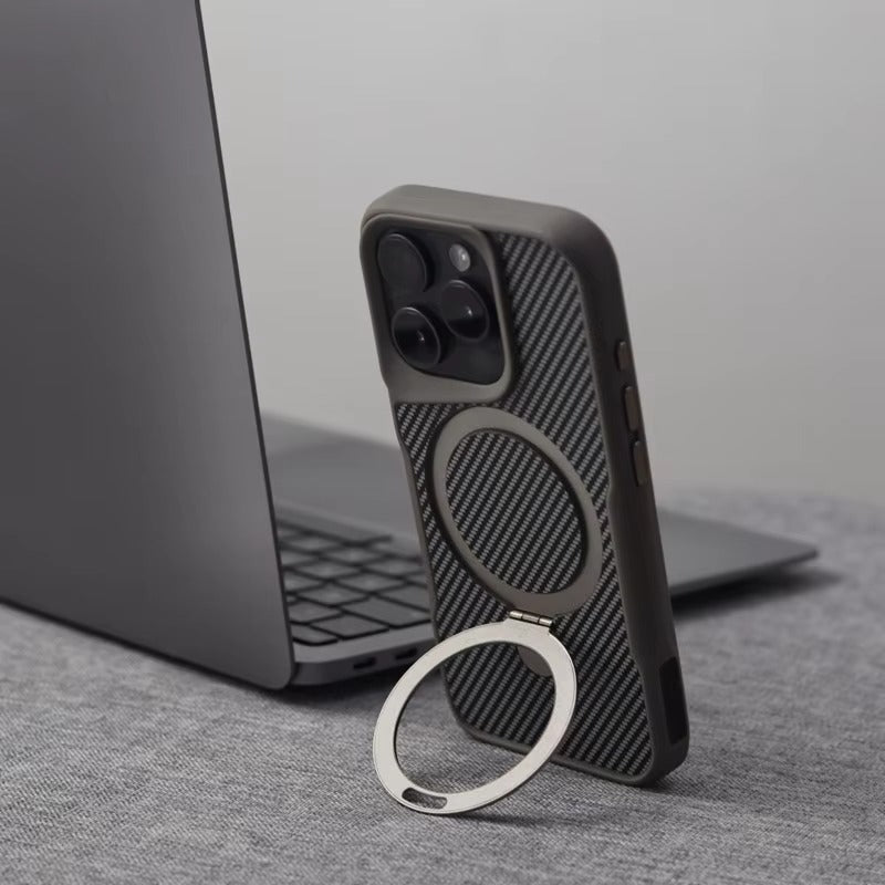 Luxury iPhone Case — Magnetic, Shockproof Matte Carbon Fiber Armor Cover with Built-In Bracket Stand and MagSafe Holder Support