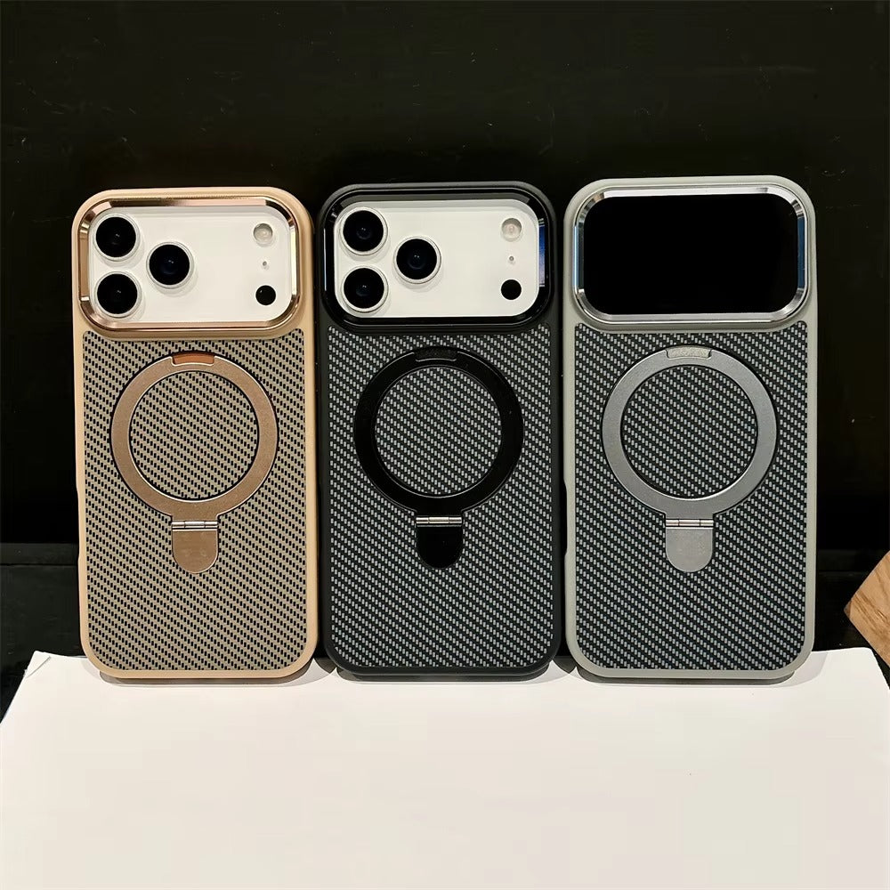 Luxury iPhone Case — Magnetic, Shockproof Matte Carbon Fiber Armor Cover with Built-In Bracket Stand and MagSafe Holder Support