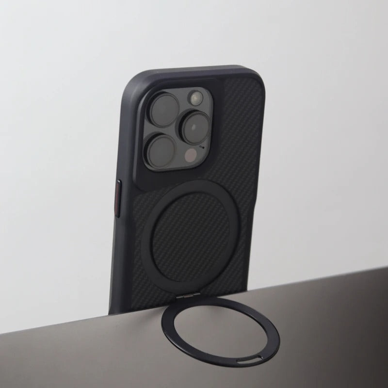 Luxury iPhone Case — Magnetic, Shockproof Matte Carbon Fiber Armor Cover with Built-In Bracket Stand and MagSafe Holder Support