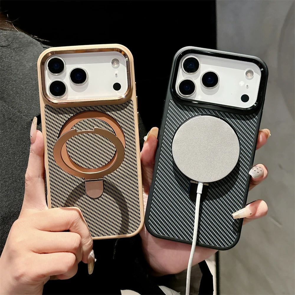 Luxury iPhone Case — Magnetic, Shockproof Matte Carbon Fiber Armor Cover with Built-In Bracket Stand and MagSafe Holder Support