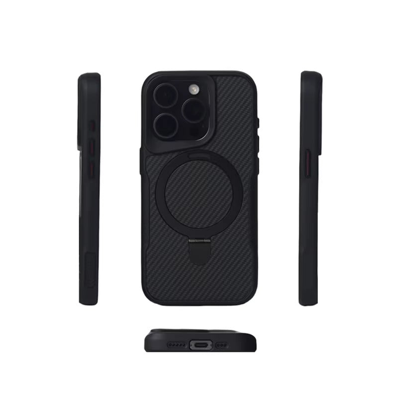 Luxury iPhone Case — Magnetic, Shockproof Matte Carbon Fiber Armor Cover with Built-In Bracket Stand and MagSafe Holder Support