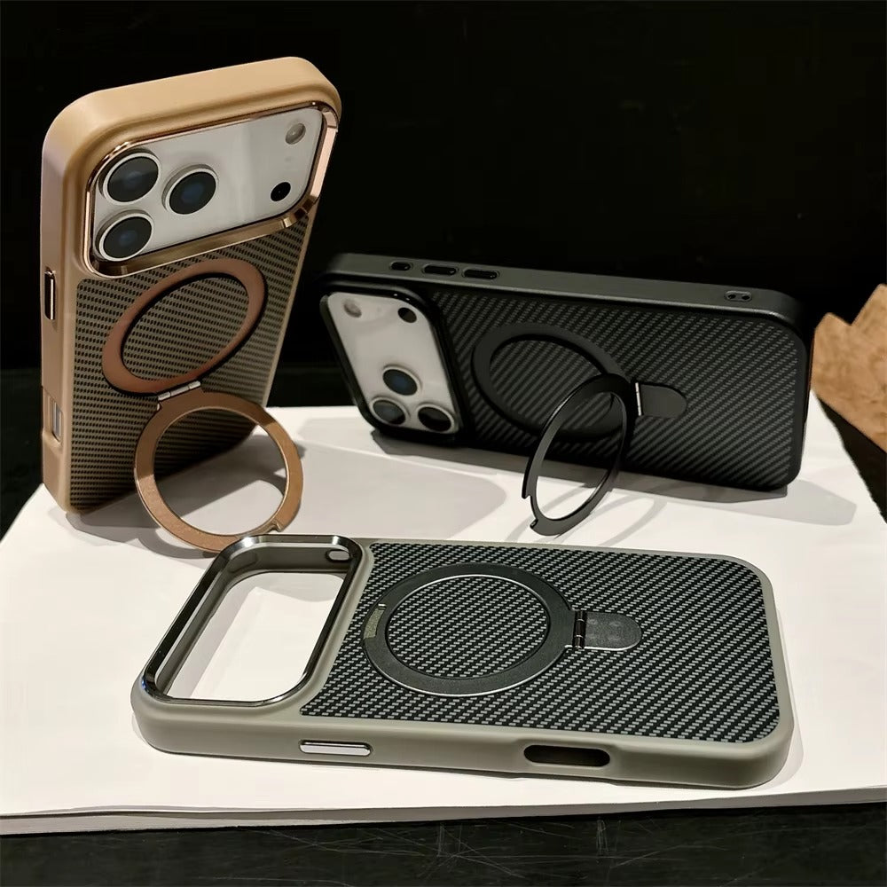 Luxury iPhone Case — Magnetic, Shockproof Matte Carbon Fiber Armor Cover with Built-In Bracket Stand and MagSafe Holder Support