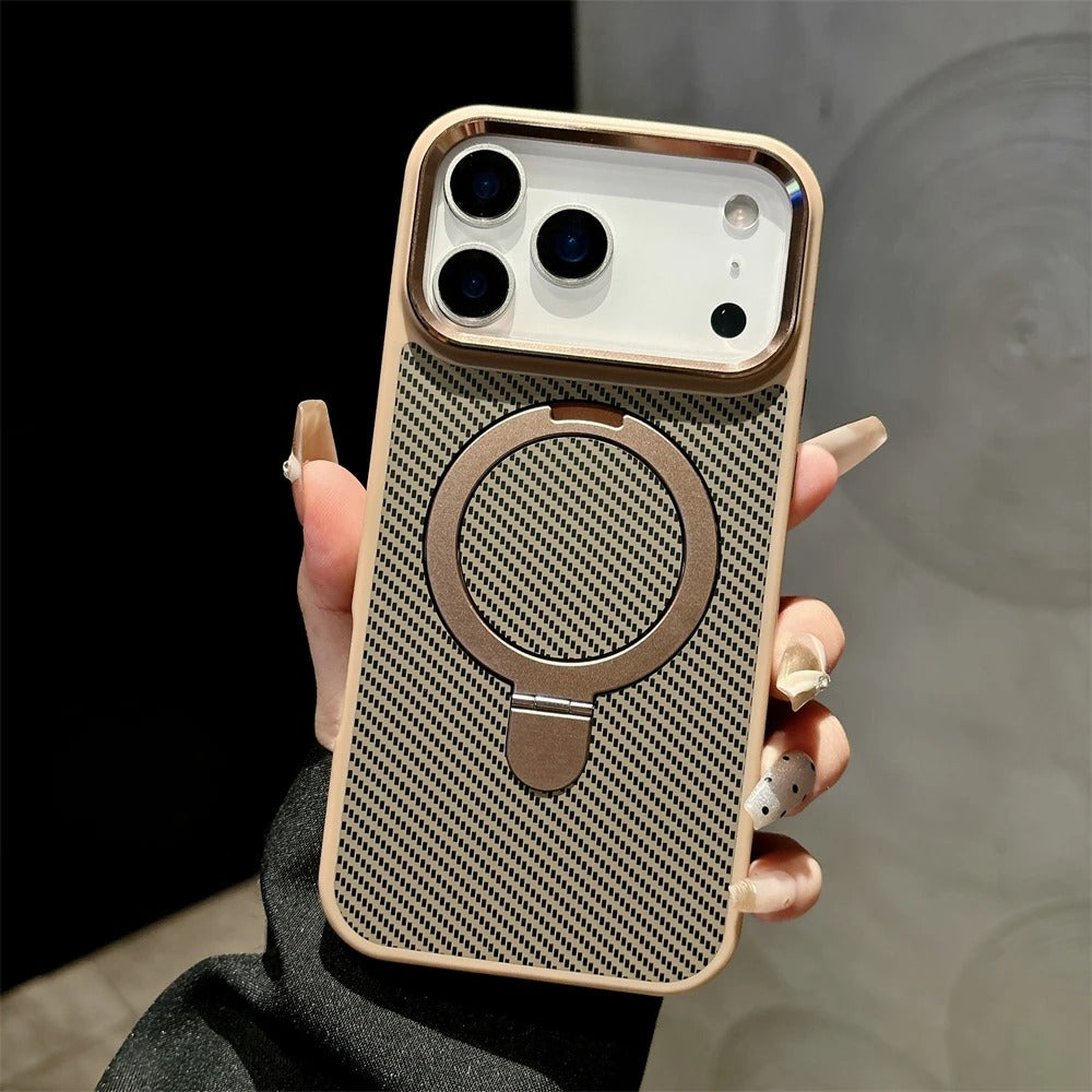 Luxury iPhone Case — Magnetic, Shockproof Matte Carbon Fiber Armor Cover with Built-In Bracket Stand and MagSafe Holder Support