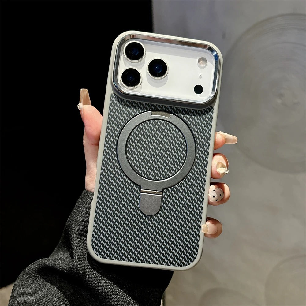 Luxury iPhone Case — Magnetic, Shockproof Matte Carbon Fiber Armor Cover with Built-In Bracket Stand and MagSafe Holder Support