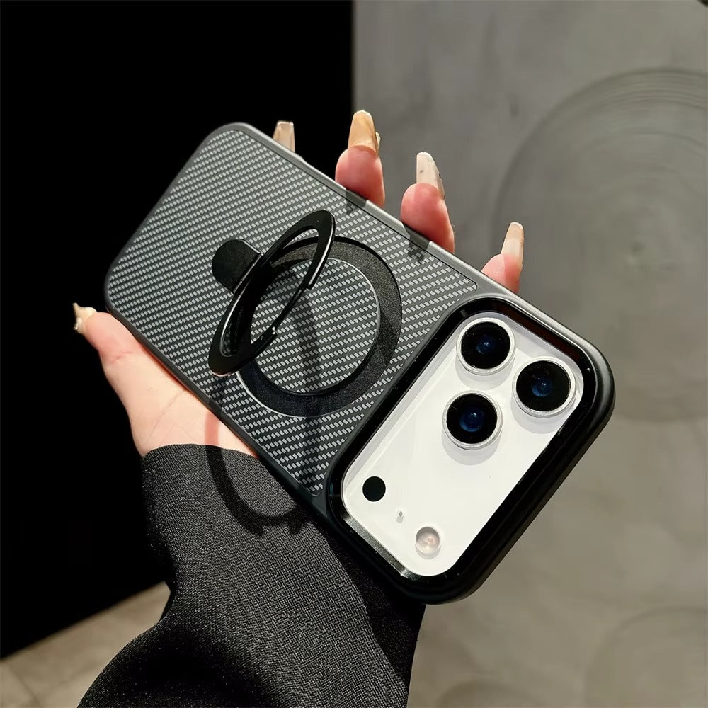Luxury iPhone Case — Magnetic, Shockproof Matte Carbon Fiber Armor Cover with Built-In Bracket Stand and MagSafe Holder Support