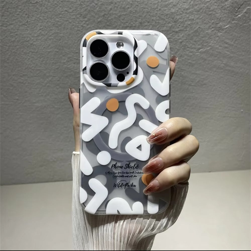 Luxury iPhone Case — Magnetic, Shockproof Matte Silicone Back Cover with Graffiti Art Design, MagSafe Wireless Charging Support and Camera Protection