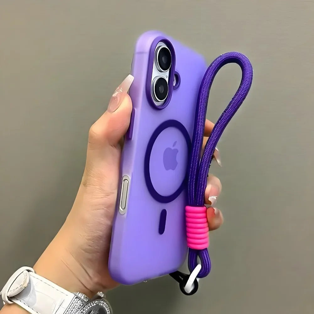 Luxury iPhone Case — Magsafe Candy Color Contrast Design, Matte Soft Cover with Hand Wrist Strap, Magnetic, Anti-Fingerprint, Anti-Scratch, Dustproof