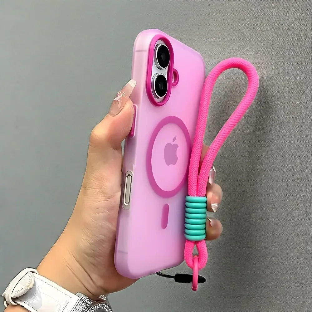 Luxury iPhone Case — Magsafe Candy Color Contrast Design, Matte Soft Cover with Hand Wrist Strap, Magnetic, Anti-Fingerprint, Anti-Scratch, Dustproof