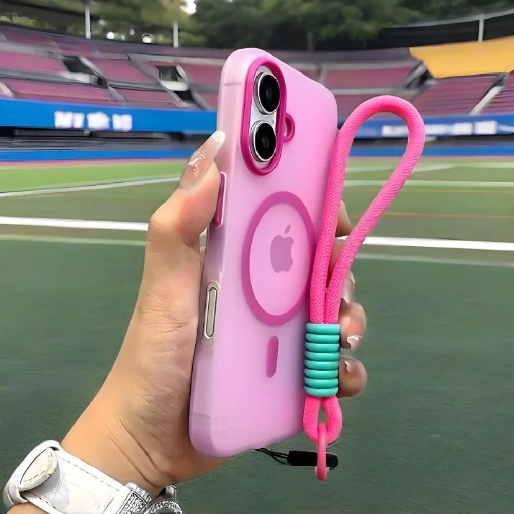 Luxury iPhone Case — Magsafe Candy Color Contrast Design, Matte Soft Cover with Hand Wrist Strap, Magnetic, Anti-Fingerprint, Anti-Scratch, Dustproof