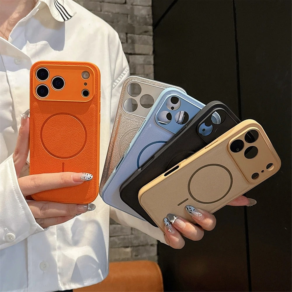 Luxury iPhone Case — Matte Solid-Color Leather Magnetic Cover with All-Inclusive Lens Protection and Full Shockproof Design