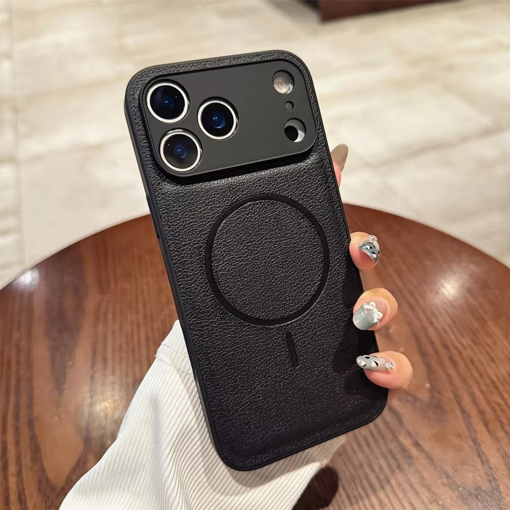 Luxury iPhone Case — Matte Solid-Color Leather Magnetic Cover with All-Inclusive Lens Protection and Full Shockproof Design