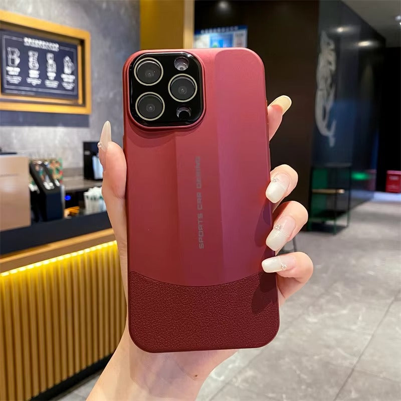 Luxury iPhone Case — Matte Splicing Leather Hard PC Cover with Lens Protection, Shockproof Anti-Fingerprint Anti-Scratch Design & Non-Slip Textured Finish