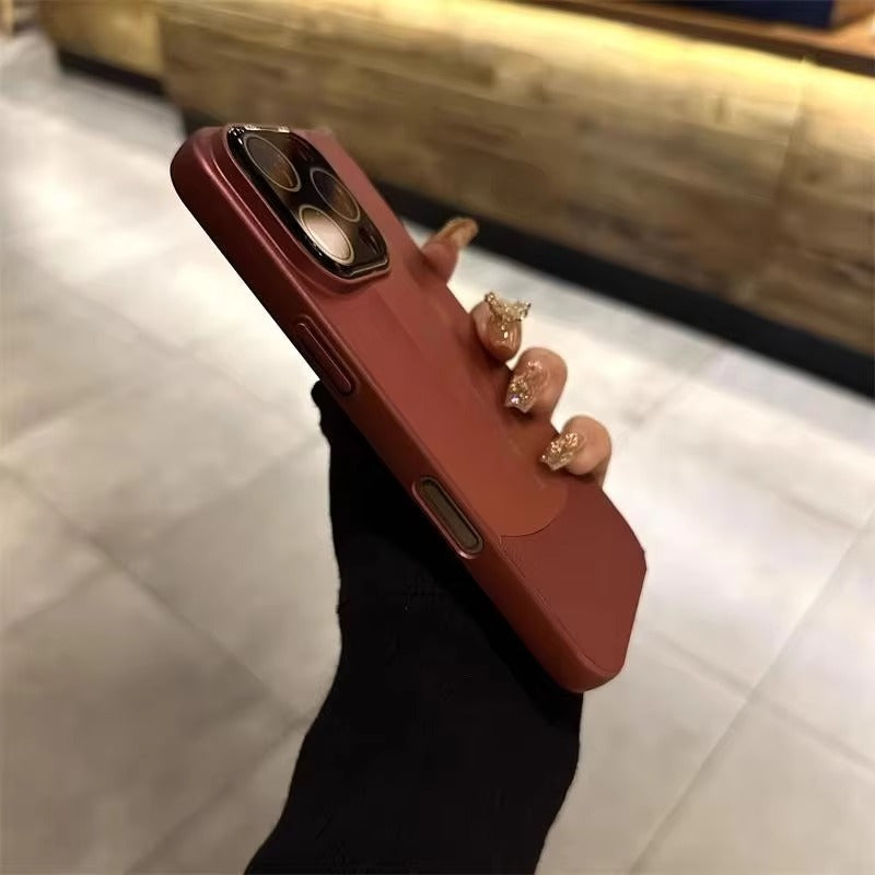 Luxury iPhone Case — Matte Splicing Leather Hard PC Cover with Lens Protection, Shockproof Anti-Fingerprint Anti-Scratch Design & Non-Slip Textured Finish