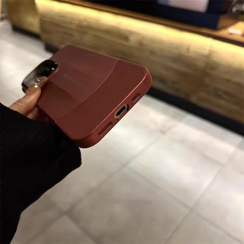 Luxury iPhone Case — Matte Splicing Leather Hard PC Cover with Lens Protection, Shockproof Anti-Fingerprint Anti-Scratch Design & Non-Slip Textured Finish