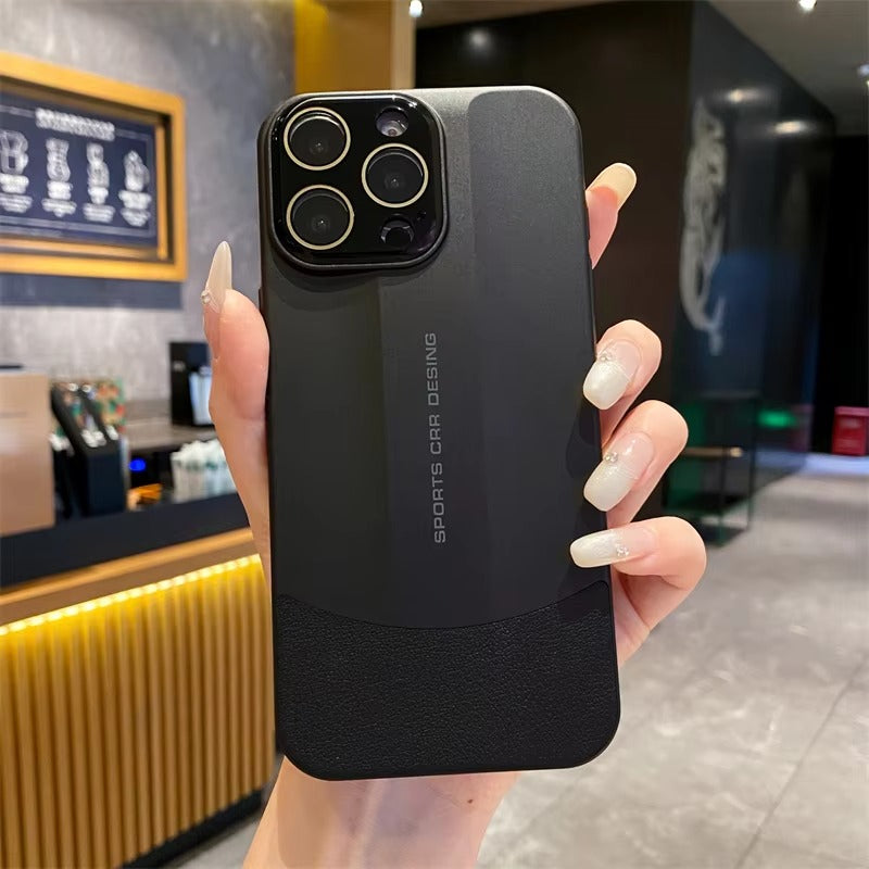 Luxury iPhone Case — Matte Splicing Leather Hard PC Cover with Lens Protection, Shockproof Anti-Fingerprint Anti-Scratch Design & Non-Slip Textured Finish