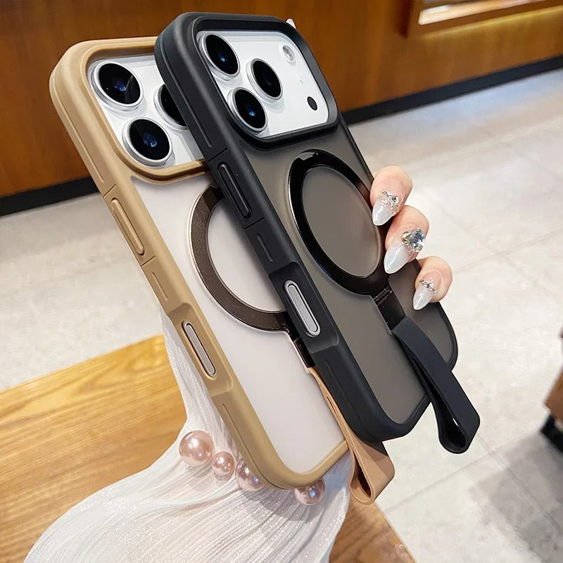 Luxury iPhone Case — Matte Transparent MagSafe Cover with Wrist Strap Holder, Shockproof TPU+PC Protection and Anti-Fingerprint Scratch-Resistant Design