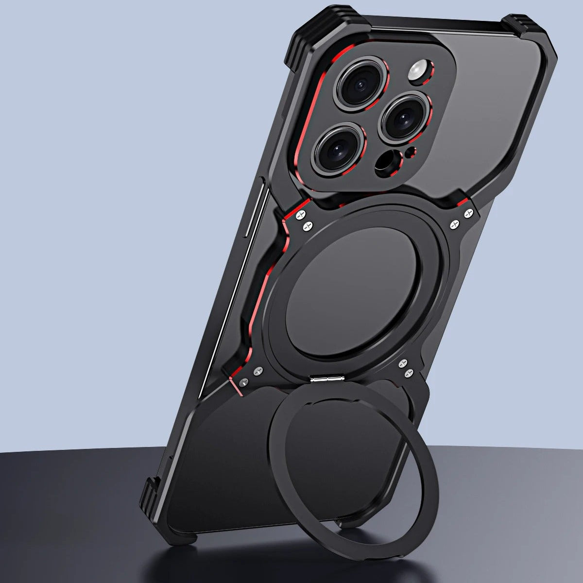 Luxury iPhone Case — Metal Alloy Punk Frame Bumper with 360° Rotating MagSafe Stand Ring, Shockproof Anti-Scratch Non-Slip Design