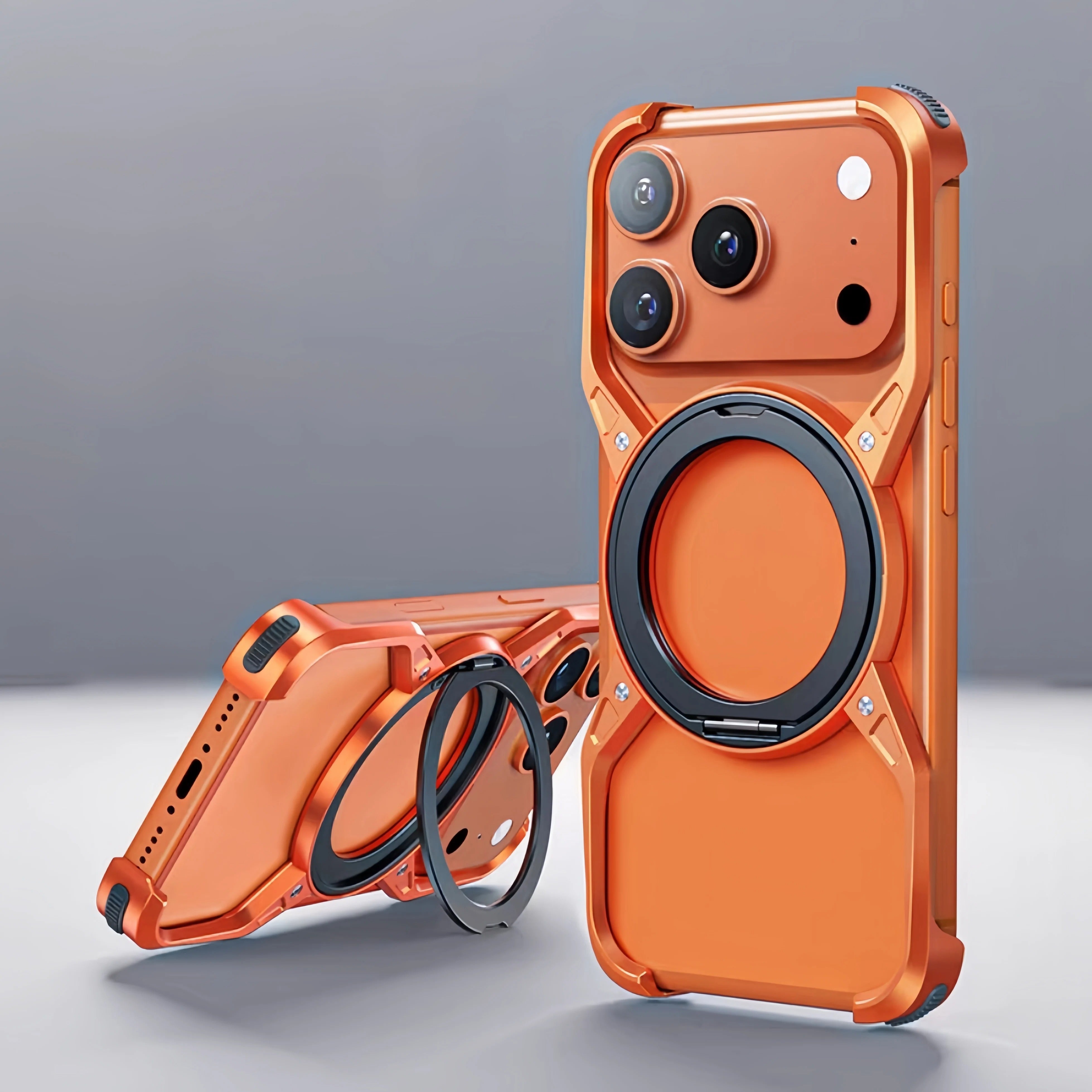 Luxury iPhone Case — Metal Alloy Punk Frame Bumper with 360° Rotating MagSafe Stand Ring, Shockproof Anti-Scratch Non-Slip Design
