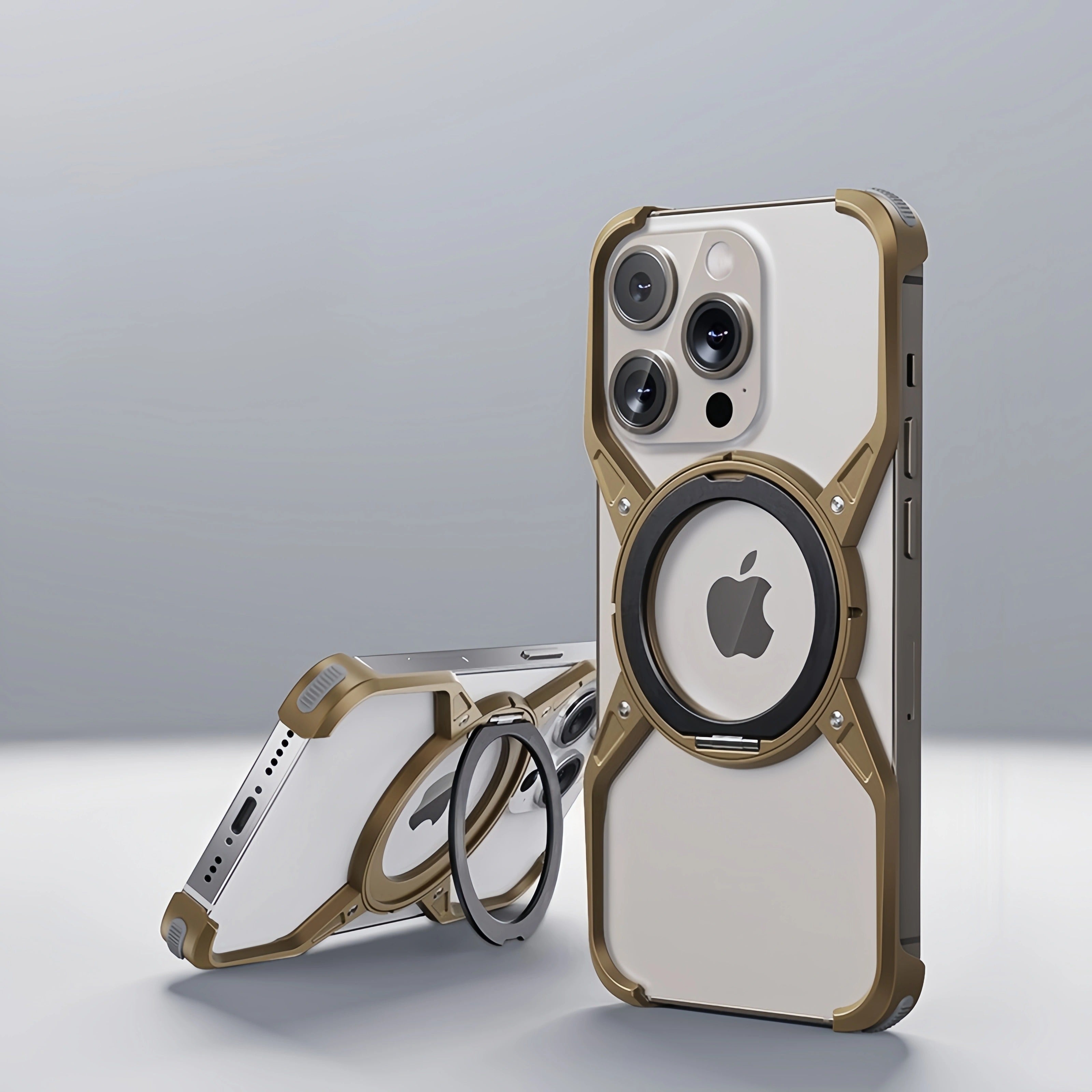 Luxury iPhone Case — Metal Alloy Punk Frame Bumper with 360° Rotating MagSafe Stand Ring, Shockproof Anti-Scratch Non-Slip Design