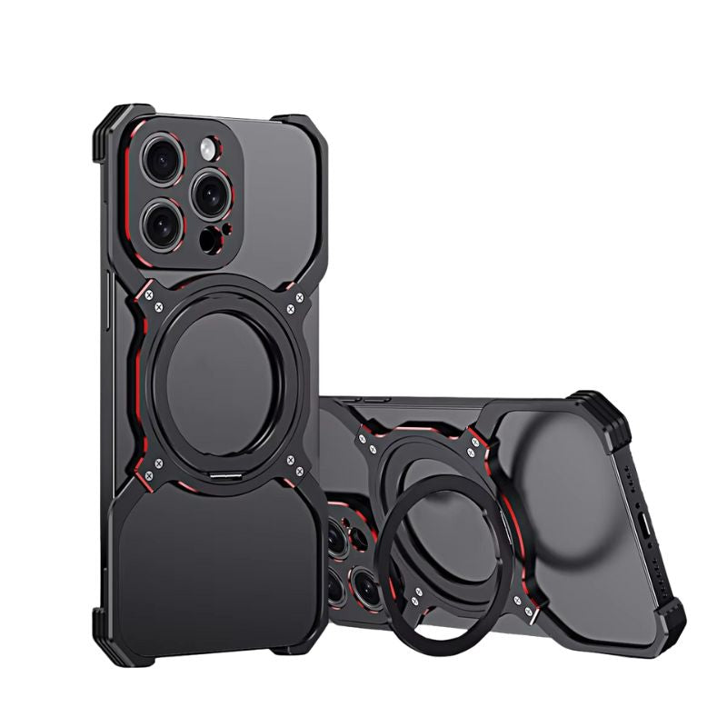 Luxury iPhone Case — Metal Alloy Punk Frame Bumper with 360° Rotating MagSafe Stand Ring, Shockproof Anti-Scratch Non-Slip Design