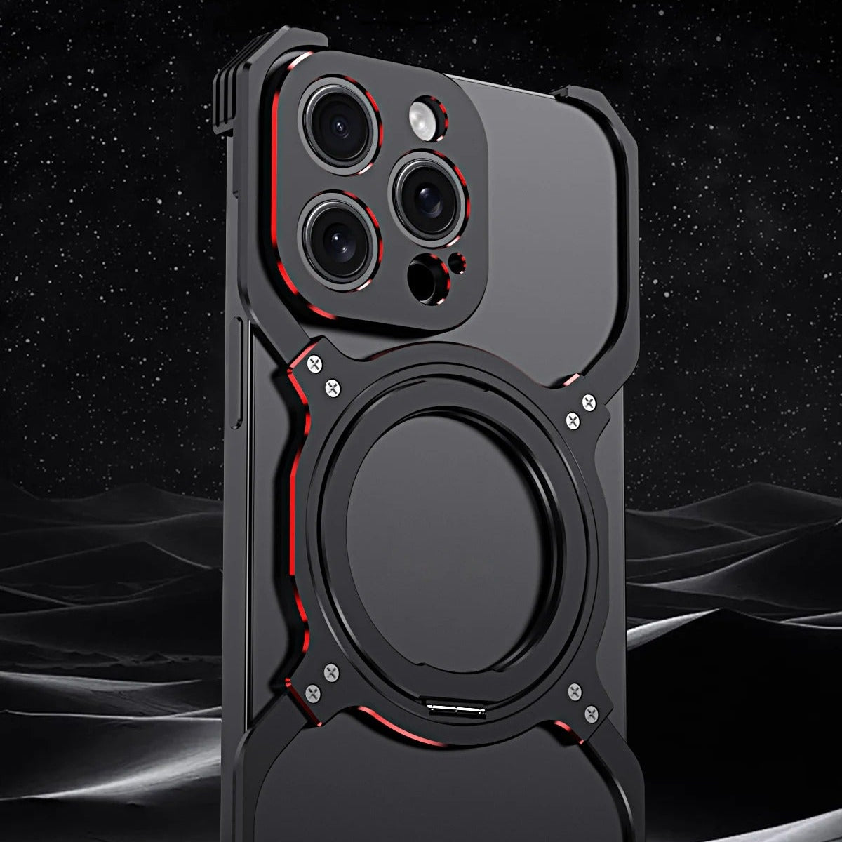 Luxury iPhone Case — Metal Alloy Punk Frame Bumper with 360° Rotating MagSafe Stand Ring, Shockproof Anti-Scratch Non-Slip Design