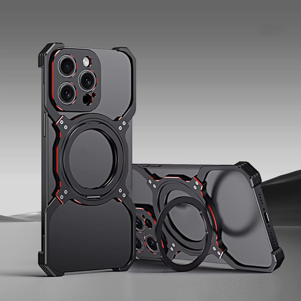 Luxury iPhone Case — Metal Alloy Punk Frame Bumper with 360° Rotating MagSafe Stand Ring, Shockproof Anti-Scratch Non-Slip Design