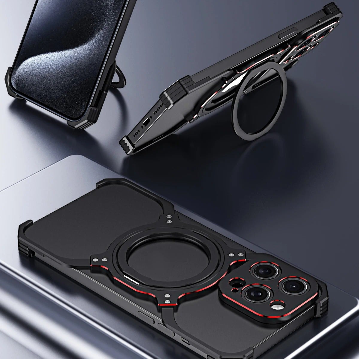 Luxury iPhone Case — Metal Alloy Punk Frame Bumper with 360° Rotating MagSafe Stand Ring, Shockproof Anti-Scratch Non-Slip Design