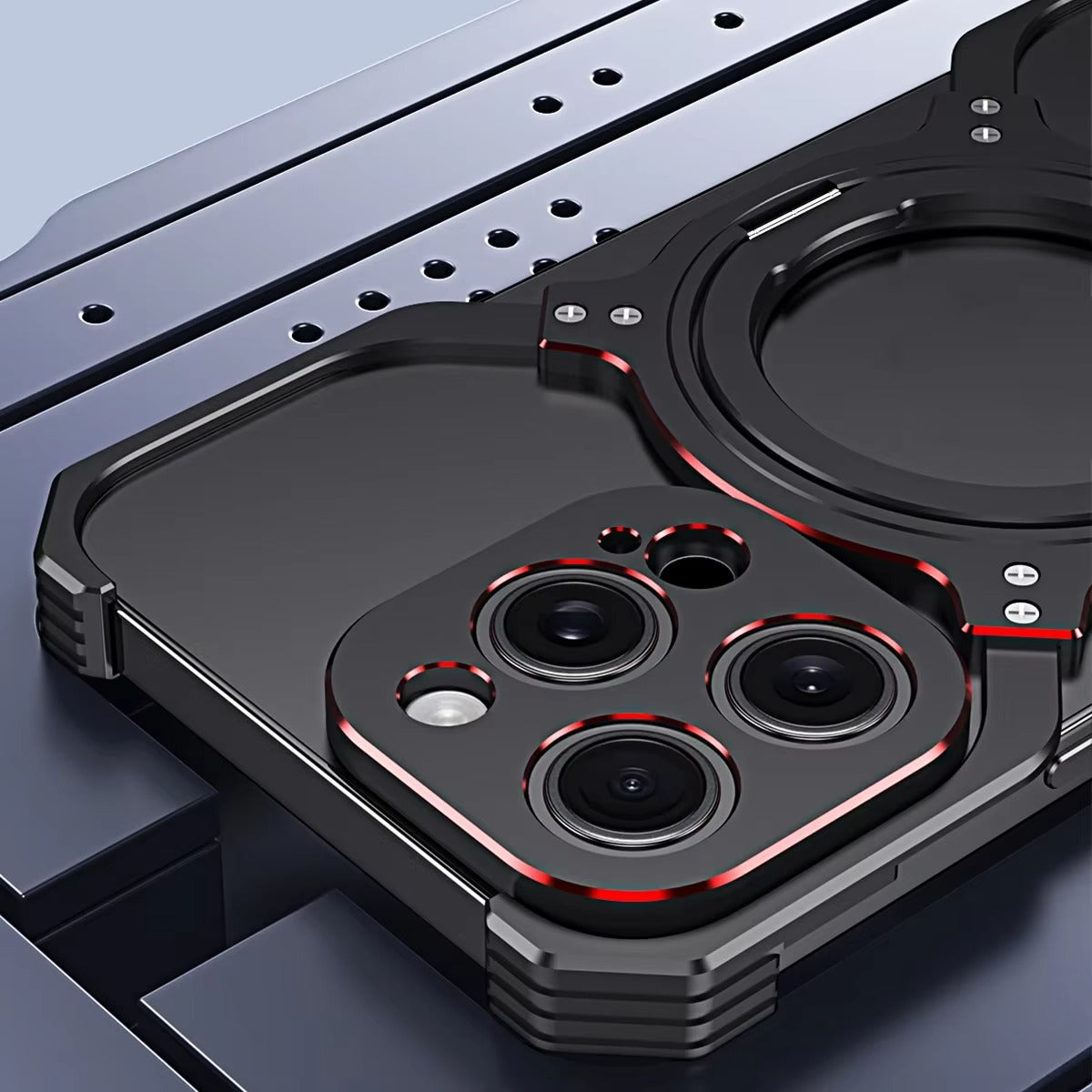 Luxury iPhone Case — Metal Alloy Punk Frame Bumper with 360° Rotating MagSafe Stand Ring, Shockproof Anti-Scratch Non-Slip Design