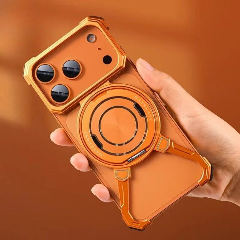 Luxury iPhone Case — Metal Frameless Shockproof Bumper Cover with 360° Rotating Ring Stand and Full Protective Design