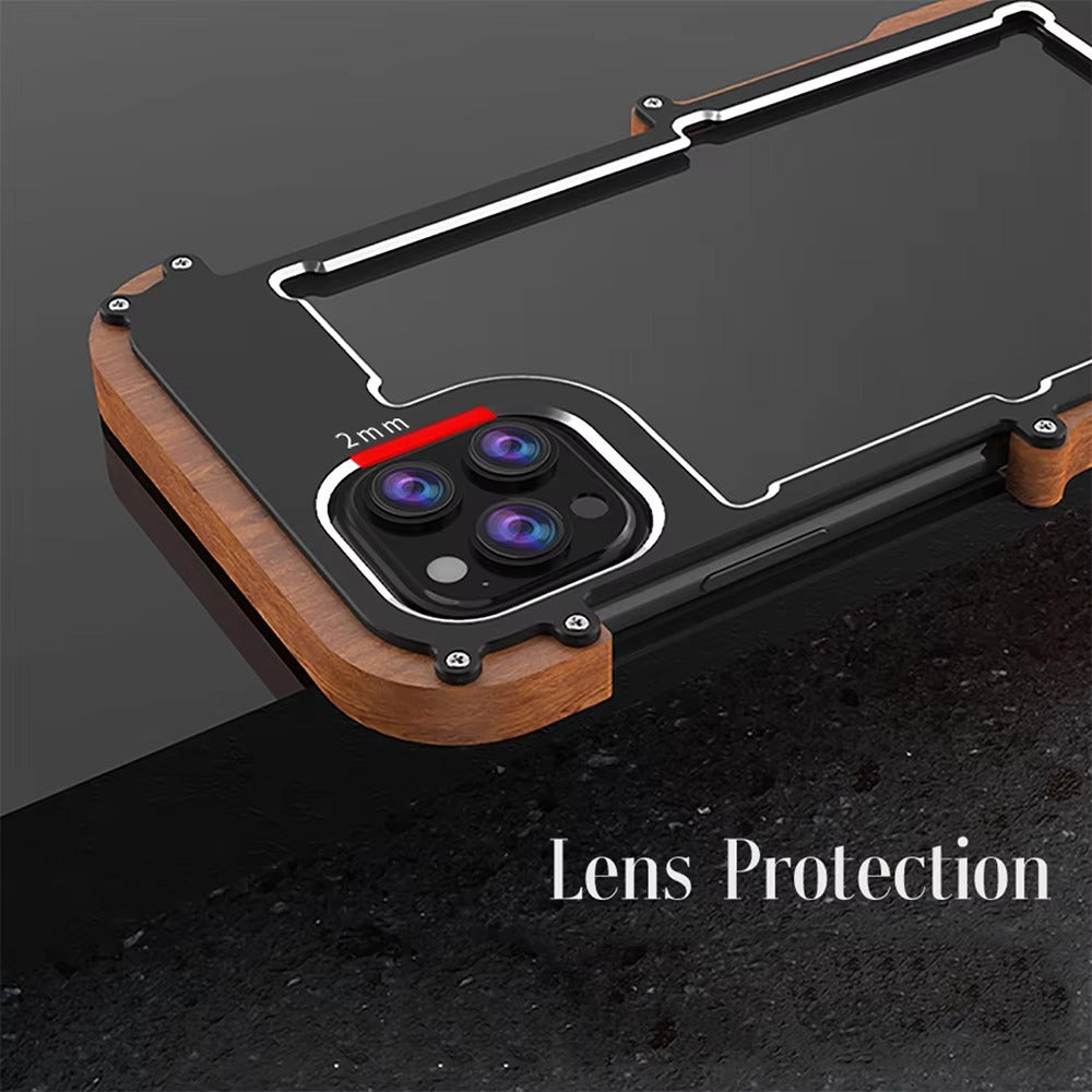 Luxury iPhone Case — Metal + Real Wood Bumper Cover with Shockproof Drop-Proof Aluminum Frame, Lightweight Non-Slip Design and Premium Craft Finish