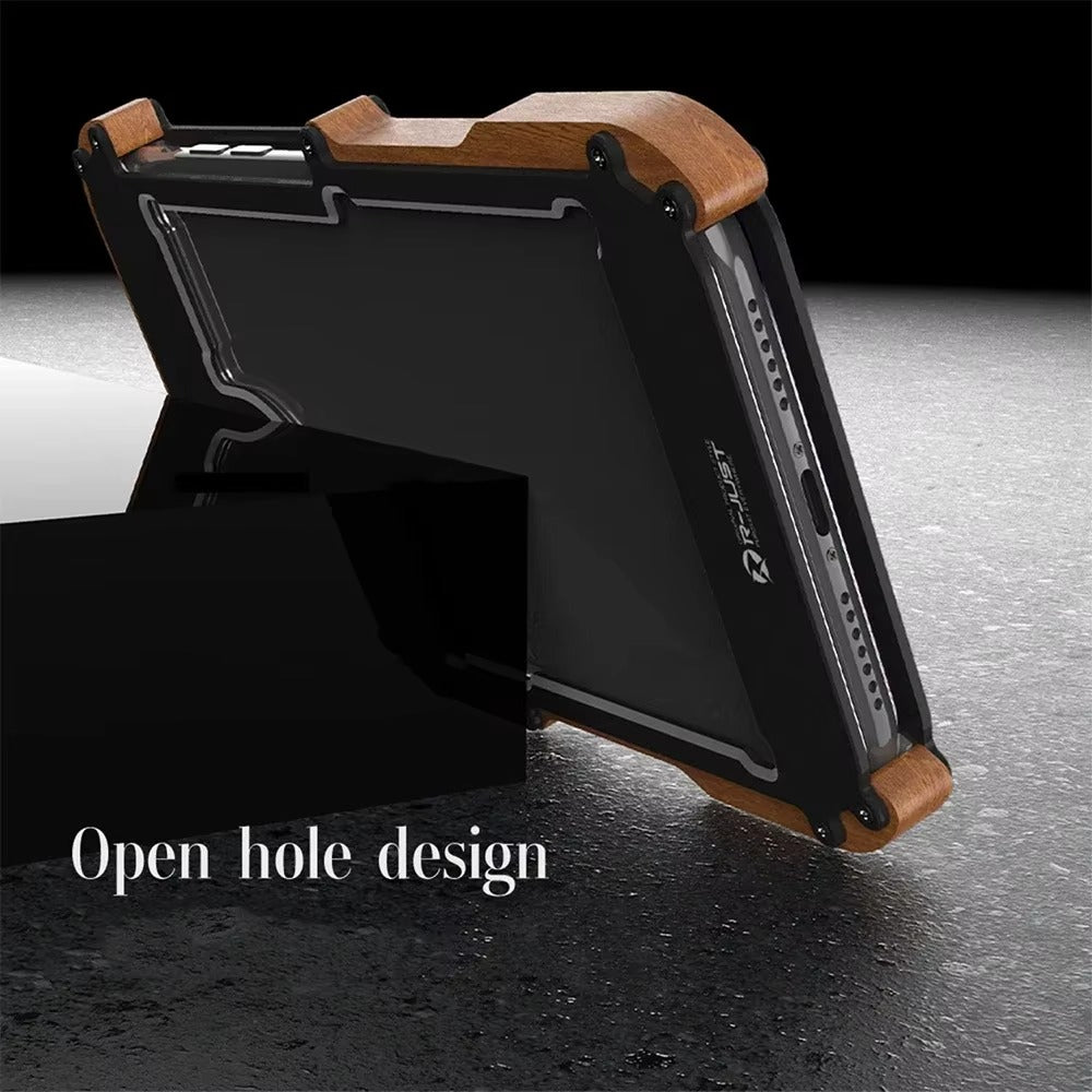Luxury iPhone Case — Metal + Real Wood Bumper Cover with Shockproof Drop-Proof Aluminum Frame, Lightweight Non-Slip Design and Premium Craft Finish