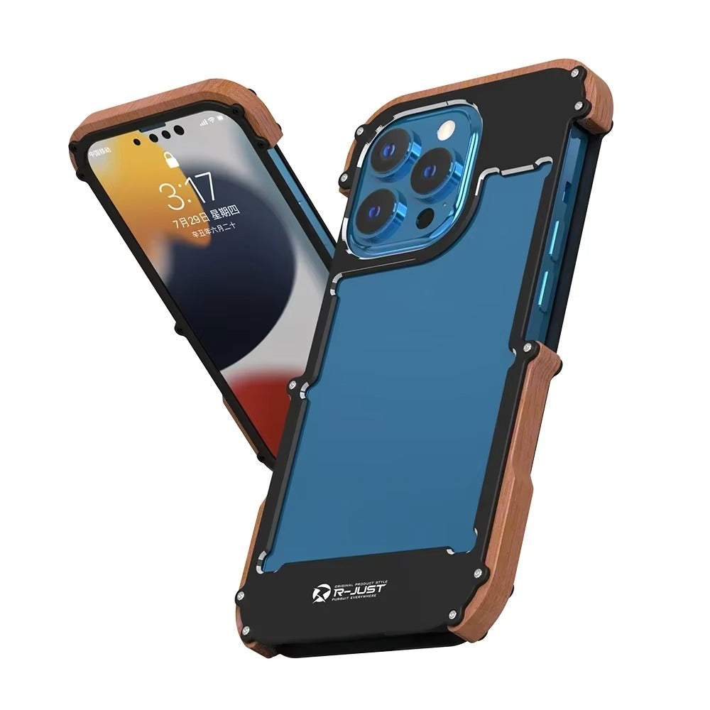 Luxury iPhone Case — Metal + Real Wood Bumper Cover with Shockproof Drop-Proof Aluminum Frame, Lightweight Non-Slip Design and Premium Craft Finish