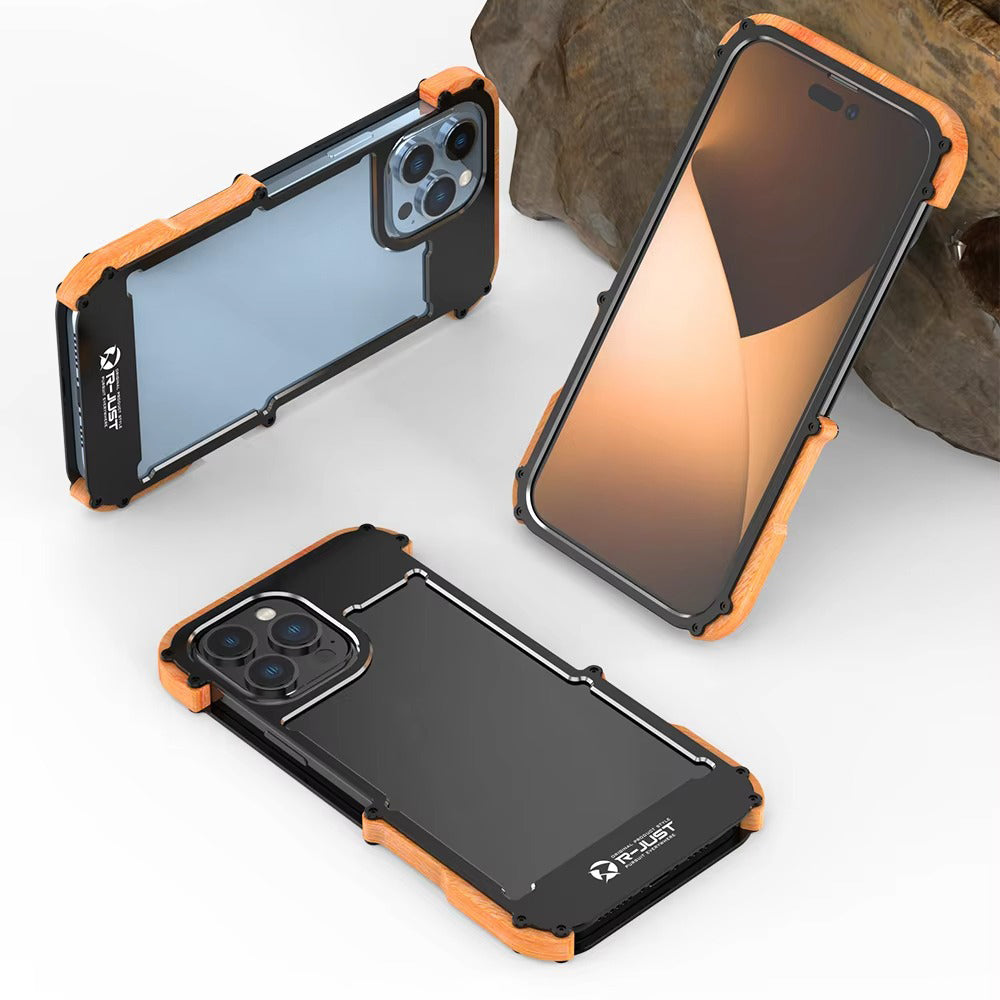 Luxury iPhone Case — Metal + Real Wood Bumper Cover with Shockproof Drop-Proof Aluminum Frame, Lightweight Non-Slip Design and Premium Craft Finish